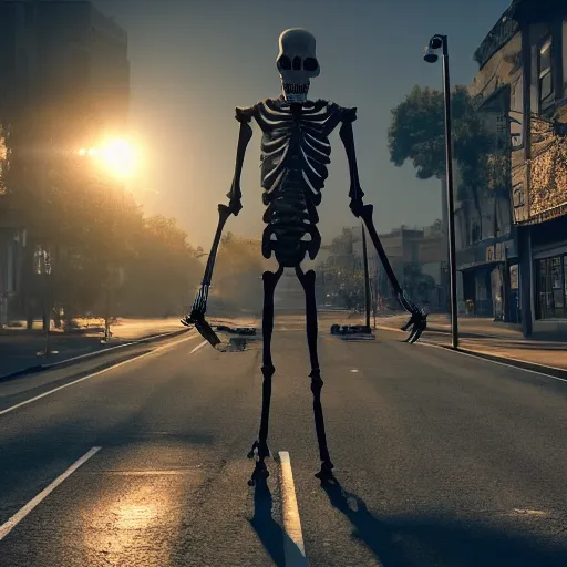 Image similar to Giant skeleton stands in the middle of the street, looks at the sun, volumetric lighting, hyperrealistic, beautiful details, HDR, octane render,