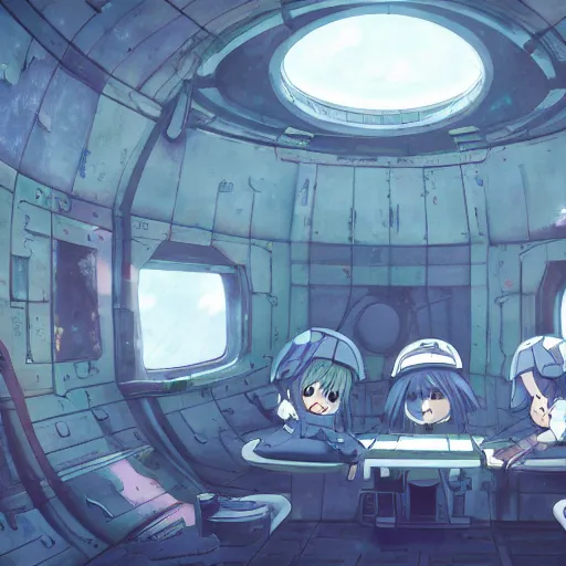 Prompt: Interior of a abandoned and derelict spaceship from the anime Girls' Last Tour written and illustrated by Tsukumizu , trending on artstation,, highly detailed , 4K , 3D , Yuuri and Chito can bee seen with the kettenkrad