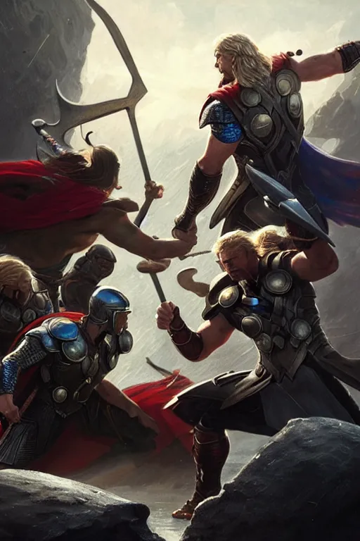 Prompt: valkiries fighting with thor in the ragnarok, highly detailed, digital painting, artstation, concept art, smooth, sharp focus, illustration, unreal engine 5, 8 k, art by artgerm and greg rutkowski and edgar maxence