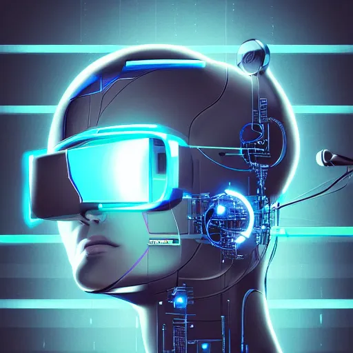 Image similar to cyber robot wearing vr headset, 3 d illutration, profile face portrait, night, detailed, cyberpunk style, character, detailed,