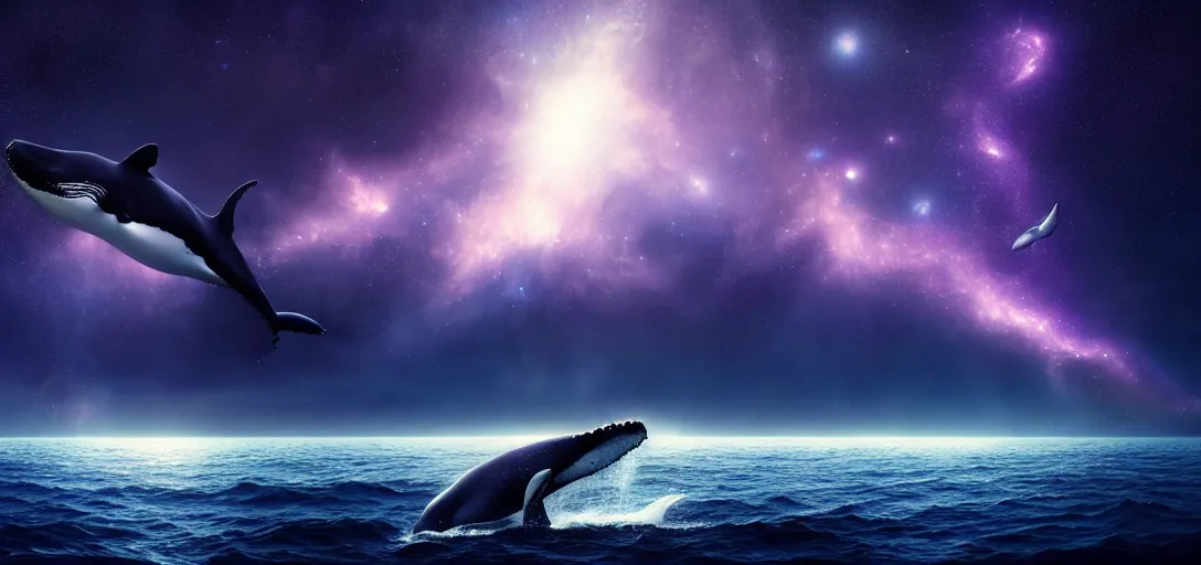 Prompt: a wide angle shot of a lonely whale flying in the sky, sea underneath, cosmic starry sky, concept art, trending on artstation, purple theme by andreas achenbach, artgerm, mikko lagerstedt, zack snyder, tokujin yoshioka