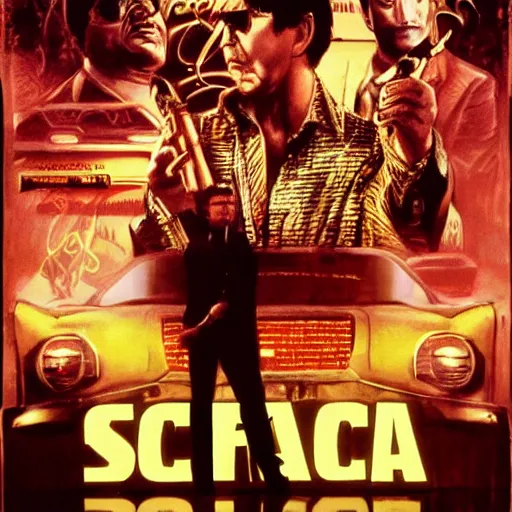 Prompt: scenes from the movie scarface as movie poster art, 8 k, coherent, intricate, elegant, volumetric lighting, sharp focus on scenery, digital painting, highly detailed, sharp focus, illustration by j scott campbell ron cheng, ngai victo