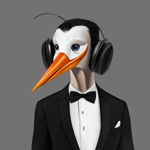 Prompt: portrait of a stork in a suit wearing headphones, high-quality digital art trending on Artstation