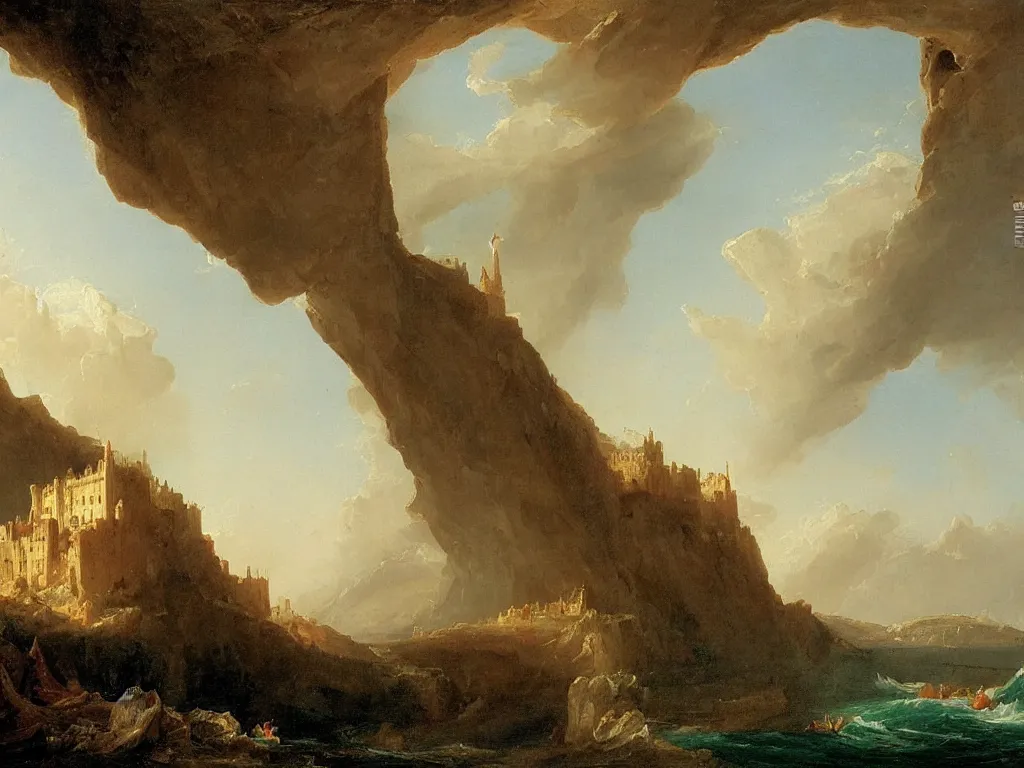 Prompt: a landscape painting of a castle on the ship, by Thomas Cole