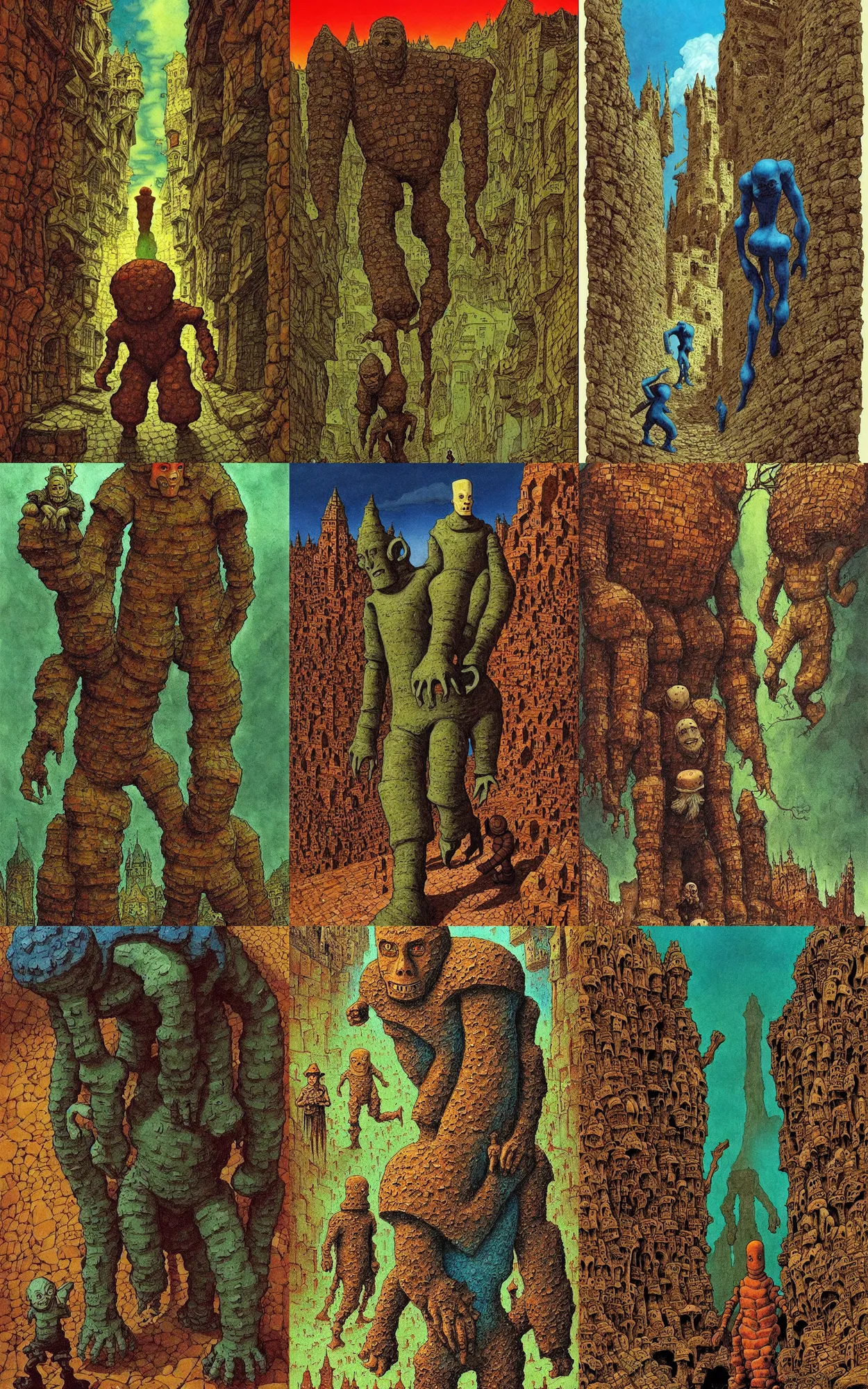 Prompt: der golem und wie er die welt sah, the golem wandering through a medieval city, painting by james jean and jean giraud, vertigo comics, 1 9 9 6, dreamy, vivid, sepia tones, green and brown colors with blue and red highlights for contrast, very detailed, ligne claire