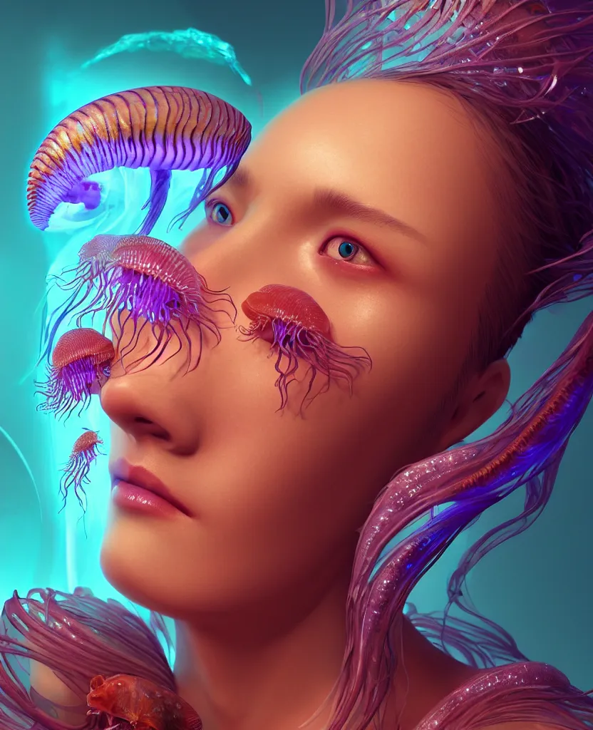 Image similar to goddess close-up portrait. orchid jellyfish phoenix head, nautilus, skull, betta fish, bioluminiscent creatures, intricate artwork by Tooth Wu and wlop and beeple. octane render, trending on artstation, greg rutkowski very coherent symmetrical artwork. cinematic, hyper realism, high detail, octane render, 8k