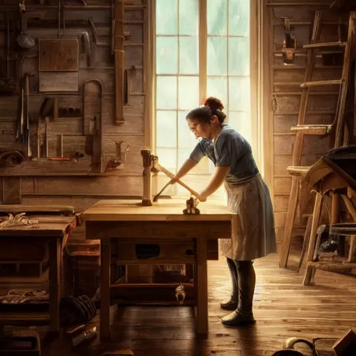 Image similar to highly detailed oil painting | very intricate | cinematic lighting | award - winning | sabrina carpenter as a simple carpenter fine craftsman | building a wooden table in their well organized clean workshop | beautiful cinematic light, american romanticism, by huang guangjian, gil elvgren, ruan jia, randy vargas, greg rutkowski, artstation, cgsociety, official art, octane