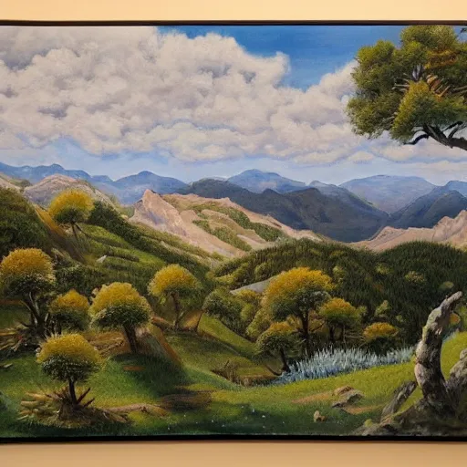 Prompt: painting of a landscape in the moutains during sumer, the sky is bright blue with a few patches of clouds, the threes are ceders with bare trunk at the base and a few thorns upper, Hayao Moyasaki style, hd,