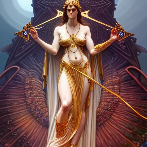 Image similar to ultra realistic tarot card illustration, a statue of glorious goddess alexandra daddario, intricate, elegant, highly detailed, digital painting, artstation, concept art, smooth, sharp focus, illustration, art by artgerm and greg rutkowski and alphonse mucha