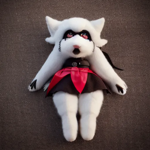 Prompt: cute fumo plush wolf girl, floppy ears, gothic maiden, alert, furry anime, vray