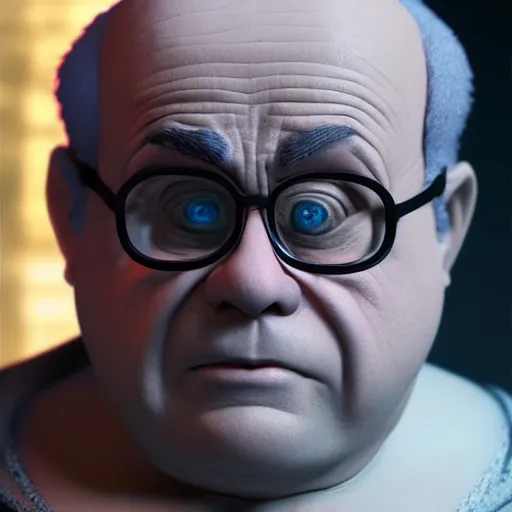 Image similar to hyperrealistic mixed media realistic sculpture of danny devito in ghostbusters, stunning 3 d render inspired art by xiang duan and thomas eakes, perfect facial symmetry, hyper realistic texture, realistic, highly detailed attributes and atmosphere, dim volumetric cinematic lighting, 8 k octane detailed render, post - processing, masterpiece,