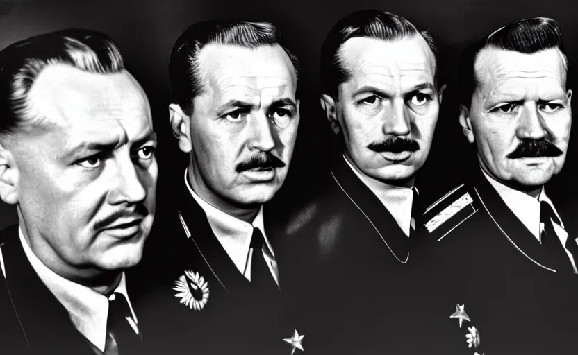 Prompt: 50s movie still close-up portrait of three individual elder soviet generals with very diverses faces in a stalinist style hall, by Irving Penn, Cinestill 800t 50mm black and white, heavy grainy picture, very detailed, high quality, 4k, HD criterion, precise texture, facial precision, diverse haircuts, diverse ages, each faces precisely define