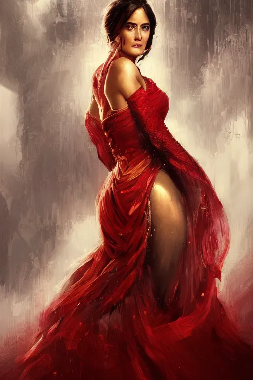 Image similar to portrait, Salma Hayek , Fantasy Queen , wearing a red and gold dress , face portrait, raphael lacoste, eddie mendoza, alex ross, concept art, matte painting, highly detailed, rule of thirds, dynamic lighting, cinematic, detailed, denoised, centred