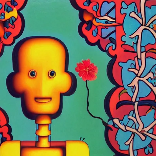 Image similar to a colorful painting by m. c. escher of a happy robot head with flowers growing out of the top