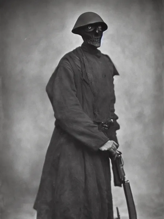 Image similar to portrait of grim reaper, ww1 photo, grainy, high detail, high resolution,