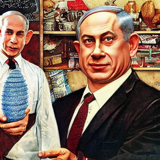 Image similar to benjamin netanyahu juggling, by norman rockwell and michael cheval