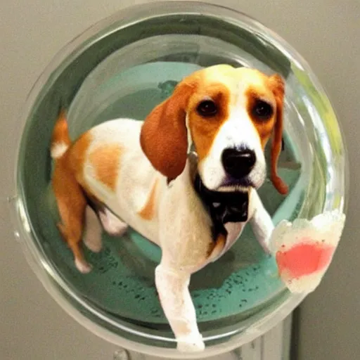 Prompt: a cute realistic foxhound dog wearing clothes whilst in a bubble bath