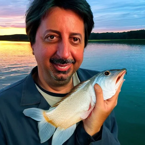 Prompt: ray romano as a scientist holding a fish on a boat in a lake during sunset, excellent composition, dramatic lighting