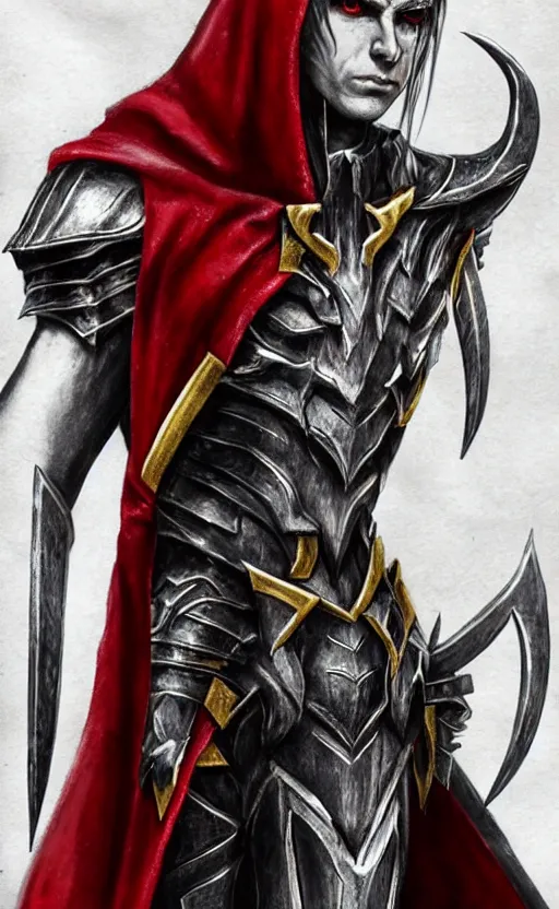 Prompt: A male elf, 20 years old, short silver hair, red eyes, wearing a spiked black metal crown, black heavy armor with gold trim, and a red cape, lean but muscular, attractive, command presence, royalty, weathered face, smooth, sharp focus, illustration, concept art, highly detailed, muscle definition, fantasy paitning, ArtStation, ArtStation HQ