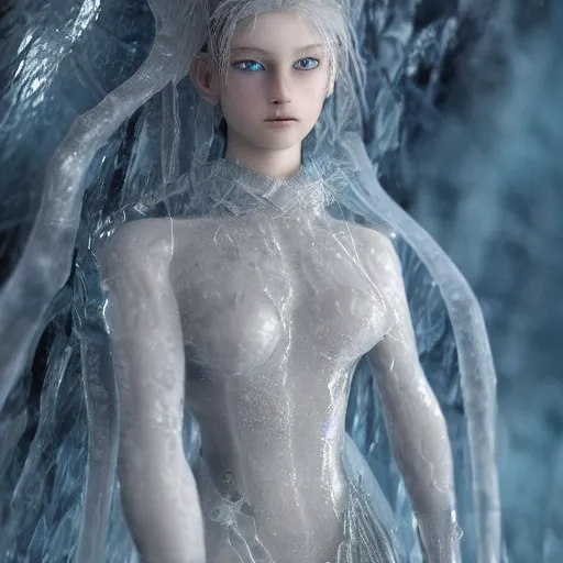 Prompt: full shot pretty girl intricate and detailed armor made of many layers of ice. no makeup!! freckles!! stalactite hair. haunting eyes. vulnerable. fragile. ethereal. elaborate. ice caves. glaciers. refracted light. extremely soft lighting. textures. delicate. translucent. photorealistic. octane render