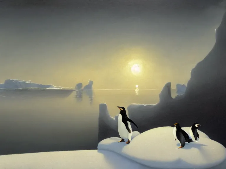 Image similar to an oil painting of a penguin playing in pure white snow on a misty iceberg at dusk. aurora. by tuomas korpi moebius and carl spitzweg. baroque elements. intricate artwork by caravaggio. oil painting. oil on canvas. award winning. dramatic. trending on artstation. 8 k