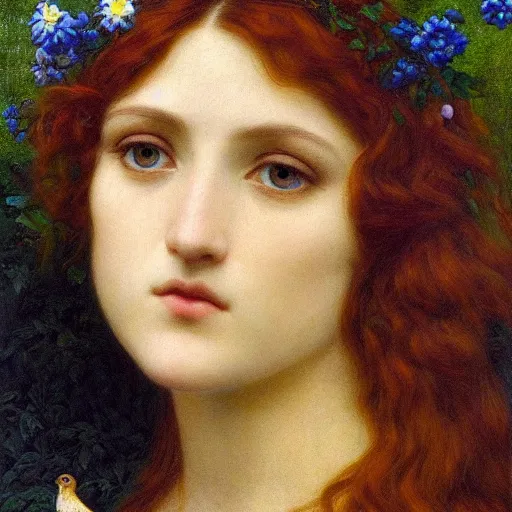 Image similar to Beautiful Pre-Raphaelite goddess of nature holding a little bird, in the style of John William Godward, close-up portrait, head in focus, flowers and plants, etheric, moody, intricate, mystical,