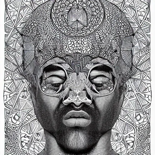 Image similar to Geometrically surreal monk, extremely high detail, photorealistic, intricate line drawings, dotart, album art in the style of James Jean