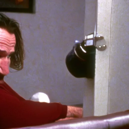 Prompt: robin williams as killer bob climbing over couch in twin peaks, scene from episode, 4 k, 1 9 9 0