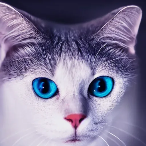 Image similar to a white cat, glowing eyes, trending wallpaper, black background, hyper realistic