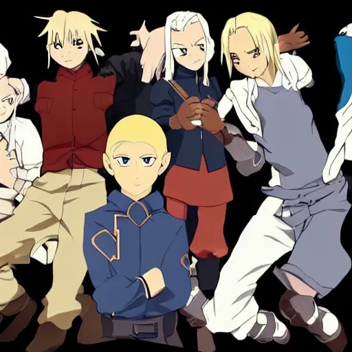 Image similar to young blonde boy fantasy thief in a tavern surrounded by dark skinned friends and light skinned friends, full metal alchemist, anime style