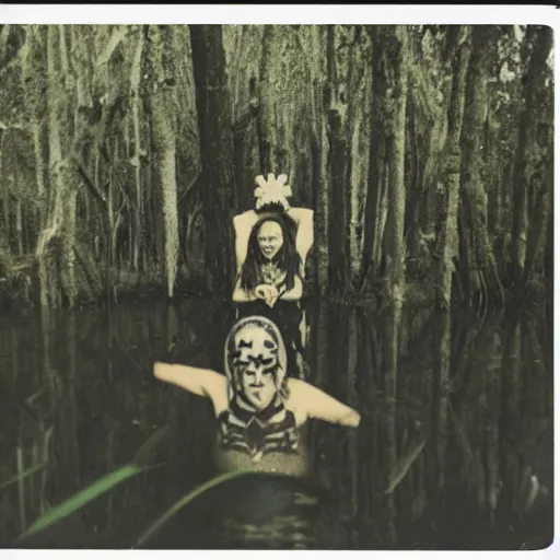 Prompt: Polaroid photo of a satanic cult in the swamp