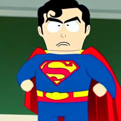 Image similar to superman in southpark. movie still.