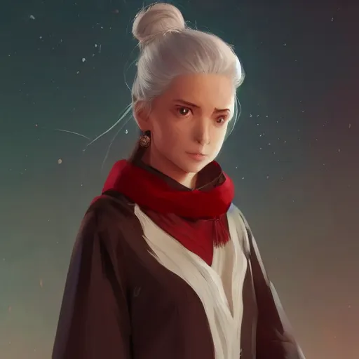 Prompt: full body portrait of a girl sorcerer with white hair in a hairbun, she is wearing a thin subtle red scarf around her neck, she is holding a large wand. cgsociety masterpiece, artstation trending, by rossdraws, ghibli, kimi no na wa, greg rutkowski, simon stalberg, greg manchess