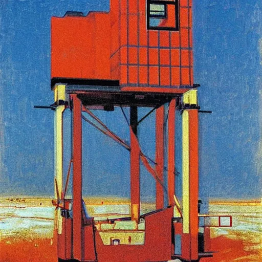 Prompt: A beautiful print of a giant machine with a human being inside of it. de stijl by Isaac Levitan forbidding