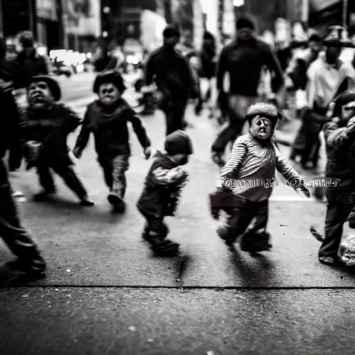 Image similar to portrait of a horde of midgets raiding the streets of new york city, sharp focus, 4 k editorial photograph, soft lighting, shallow depth of field, people out of focus