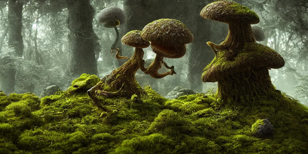 Prompt: organic mushroom lichen moss monster, in the style of patrick woodroffe, dramatic lighting, 8k octane unreal render