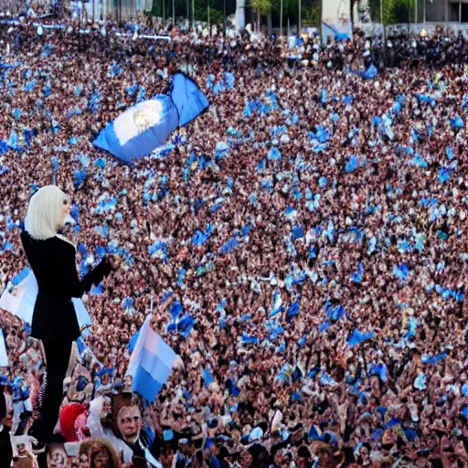 Image similar to Lady Gaga as president, Argentina presidential rally, Argentine flags behind, bokeh, giving a speech, detailed face, Argentina