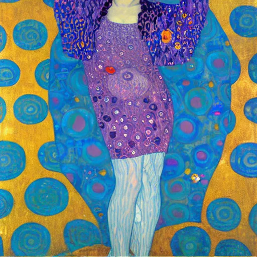 Image similar to An angelic woman with short red hair in light blue garbs by Gustav Klimt, ornate purple background, detailed