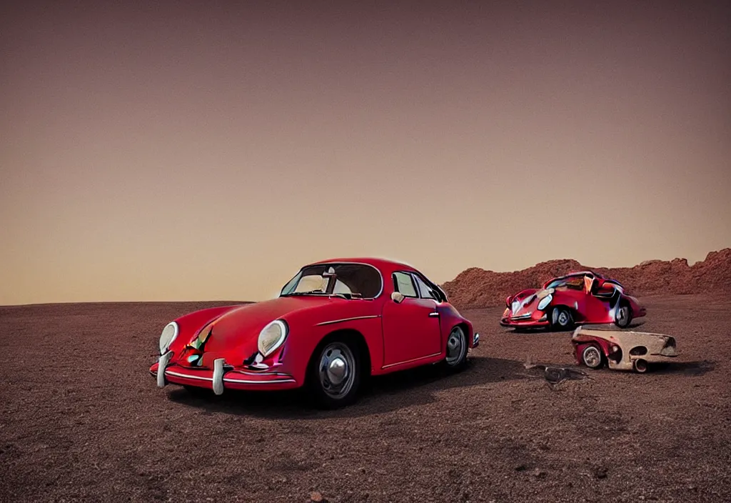 Image similar to “a red porsche 356 is parked in the middle of the desert, a matte painting by Scarlett Hooft Graafland, featured on unsplash, australian tonalism, anamorphic lens flare, cinematic lighting, rendered in unreal engine”