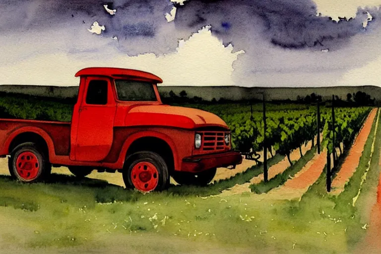 Prompt: dark cool watercolor painting of a vintage red truck in a vineyard by winslow homer