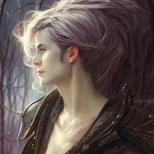 Image similar to cinematic side portrait witch, adventurer outfit large cloak, fantasy forest landscape, dragon scales in hair, supervillain, fantasy magic, undercut hairstyle, dark light night, intricate, elegant, sharp focus, illustration, highly detailed, digital painting, concept art, matte, art by WLOP and Artgerm and Greg Rutkowski and Alphonse Mucha, masterpiece
