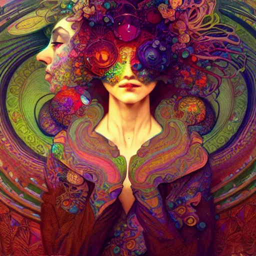 Image similar to An extremely colorful psychedelic experience, reality bending, magic mushrooms, psilocybin, LSD, face, detailed, intricate, elegant, highly detailed, digital painting, artstation, concept art, smooth, sharp focus, illustration, art by Krenz Cushart and Artem Demura and alphonse mucha