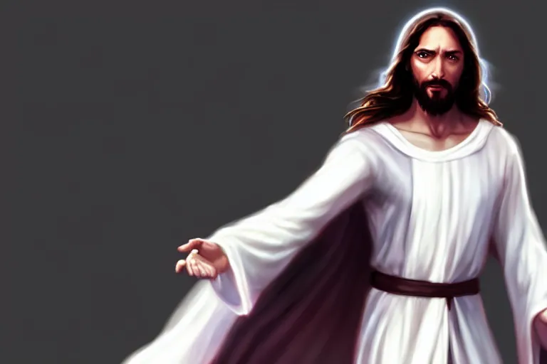 Image similar to jesus christ in a white robe striking sn action pose, jesus has a lightsaber ; art by artgerm ; digital art ; character art ;