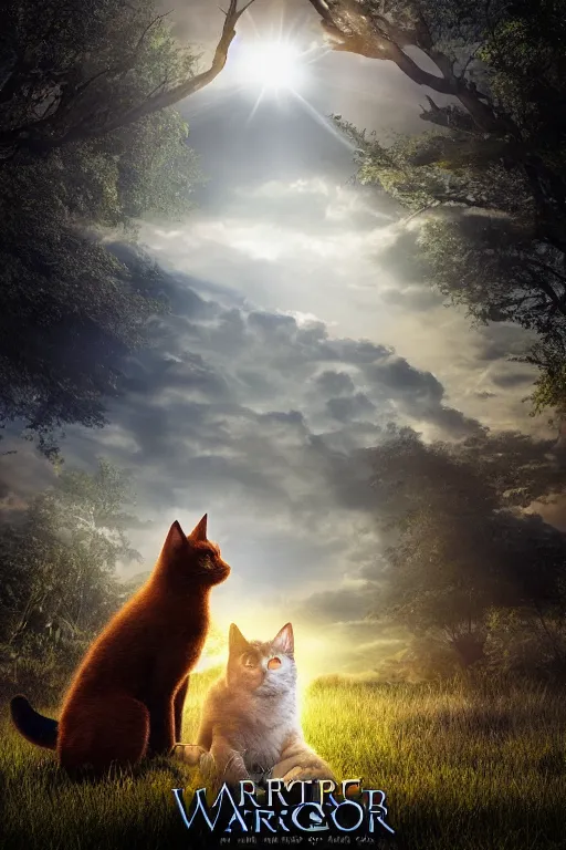 Image similar to a movie poster for warrior cats, depth of field, sun flare, hyper realistic, very detailed, backlighting, cgi, by wayne mclouglin