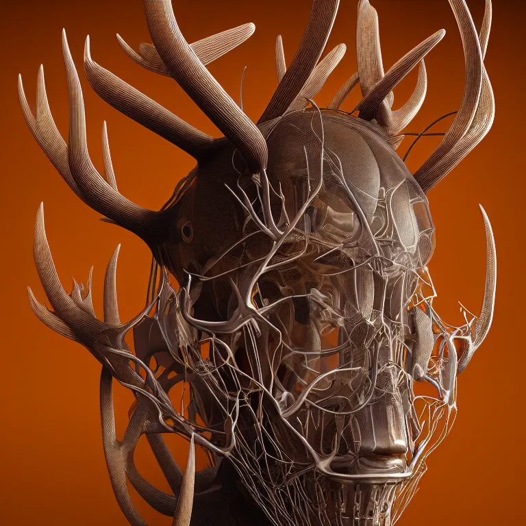 Image similar to portrait of transparent exoskeleton ms with ribbed body, covered with twisted ribbed crooked antlers, baroque portrait by rutkowsky and charles vess and james jean and erik jones and rhads, 3 d octane render, beautiful fine face features, intricate high details, sharp, ultradetailed, artistic photography