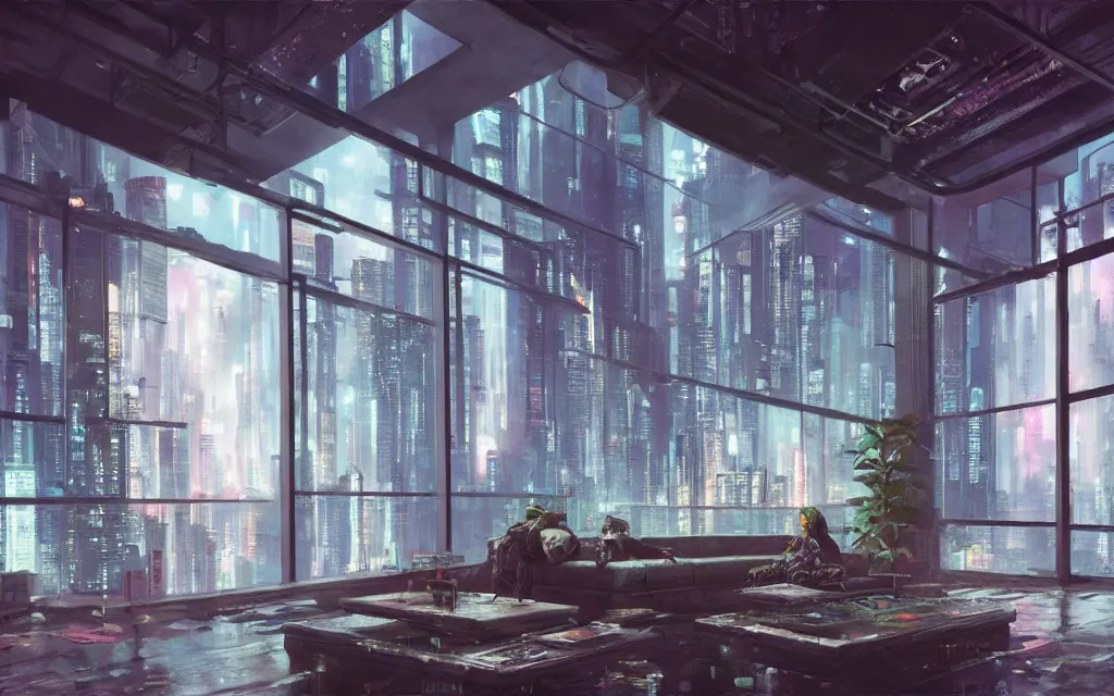 Image similar to cyberpunk loft lounge with tall windows, no people, city in background, drawn by feng zhu, sparse plants, dim painterly lighting volumetric aquatics, impasto