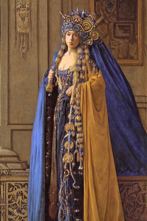 Image similar to coronation portrait of the ice queen, by Donato Giancola and John Bauer and John William Godward and Vermeer, embroidered velvet, iridescent beetles, rich color, ornate headdress, flowing robes, lost runes, ancient civilizations,featured on Artstation, cgisociety, unreal engine, extremely detailed