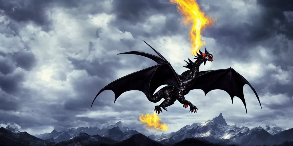 Prompt: a powerful flying black fire Dragon spitting fire in the foreground, big Mountains and wide forrests with trees are in the Background, stormy weather at night ,cinematic Style, hyperrealistic