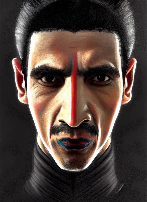 Image similar to portrait of a peruvian man with a crooked nose and a confident expression, 1 9 6 0 s, black clothes, goth, punk, brightly coloured hair, funk, intricate, elegant, highly detailed, digital painting, artstation, concept art, smooth, sharp focus, illustration, art by wlop, mars ravelo and greg rutkowski