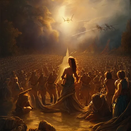 Prompt: the goddesses fraya going to war with her army, oil painting, golden hour, 8 k uhd, high detail, awe - inspiring.